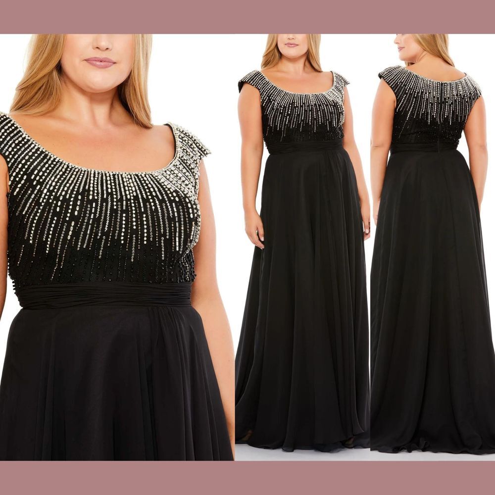 NWT $498 Mac Duggal [ PLUS 16W ] Beaded Cap Sleeve A Line Gown Black #J26‎